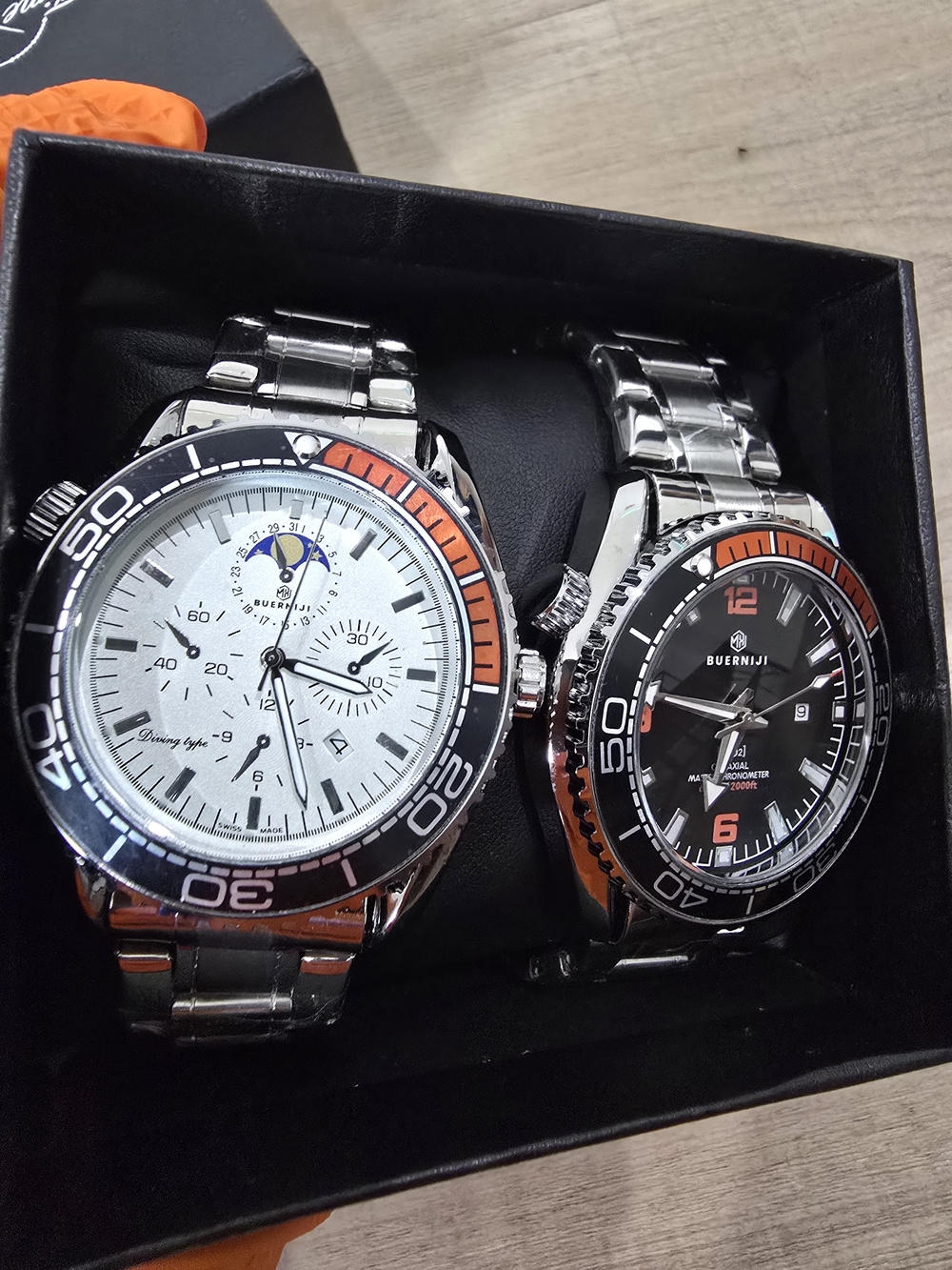 Bundle, Men's Authomatic Watch Set with Orange-Accent Bezel - Black & White
